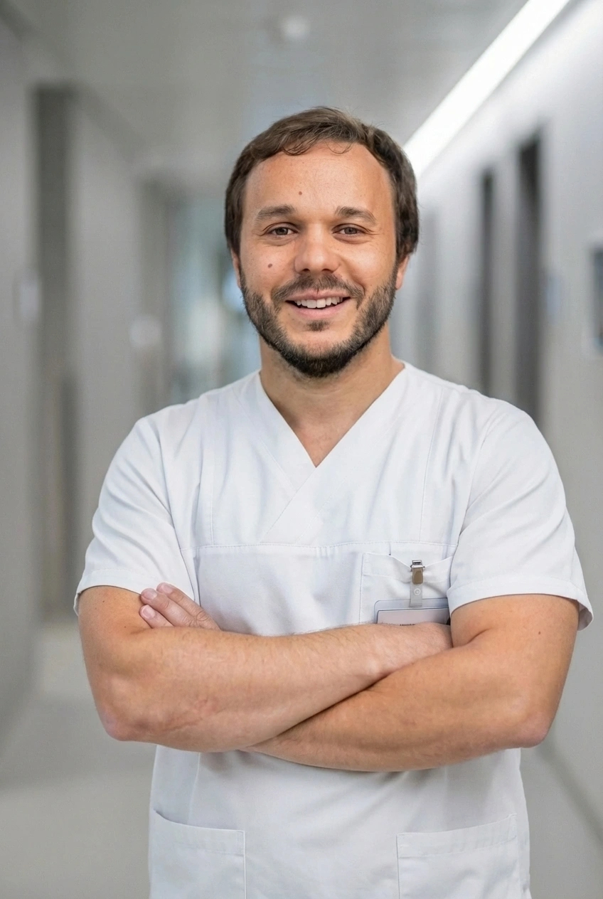 David Miranda em ambiente hospitalar com vista sobre os Alpes